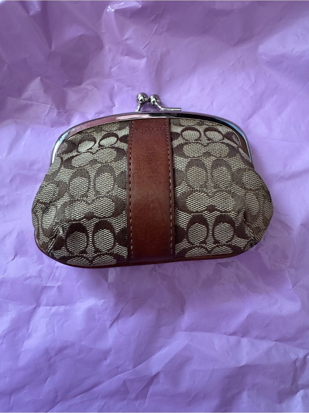 Coach Brown Signature Jacquard Kiss-Lock Coin Purse